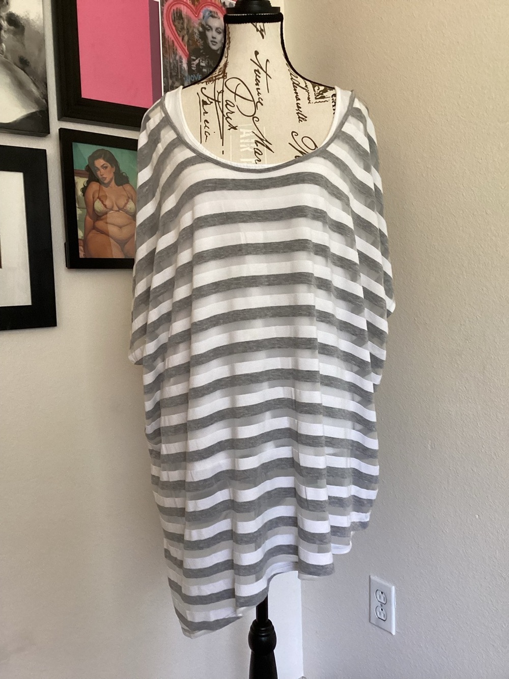 Lane Bryant Gray & White Striped Scoop Neck Tunic